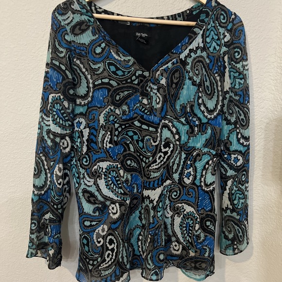 Bob Mackie Tops - Bob Mackie Blouse BLACK/BLUE/TEAL Paisley Print Side Zip SZ 12 ***FLAW***